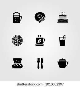 Restaurant vector icon set. cutlery, breakfast, birthday cake and beer