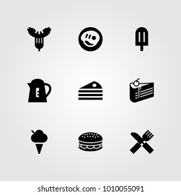 Restaurant vector icon set. cutlery, cake, burger and sausage
