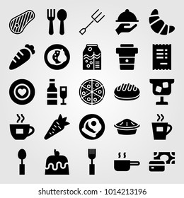 Restaurant vector icon set. cutlery, steak, tray and fruits