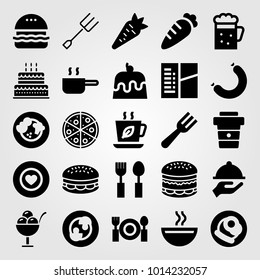 Restaurant vector icon set. cutlery, sausage, pan and burger