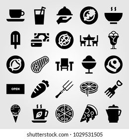 Restaurant vector icon set. fish, tea cup, steak and pizza