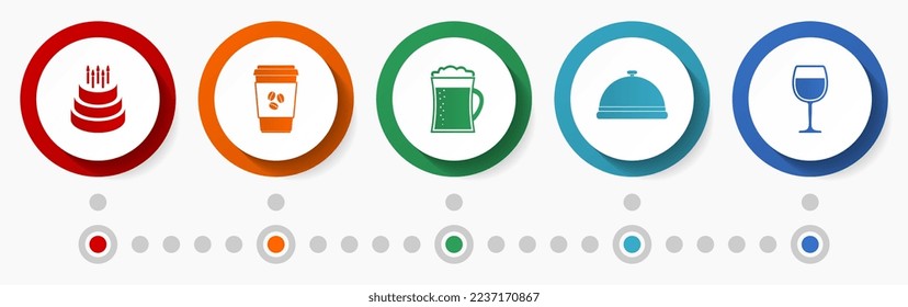 Juego de iconos del vector del restaurante, concepto de comida y bebida Botones de color de diseño plano, plantilla de infografía