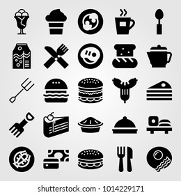 Restaurant vector icon set. fork, tea, tray and cake