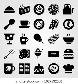 Restaurant vector icon set. fork, soup, cake and pizza