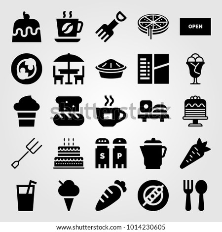 Restaurant vector icon set. ice cream, sushi, coffee cup and skewer