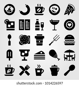 Restaurant vector icon set. pizza, tea cup, cocktail and cup