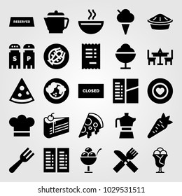 Restaurant vector icon set. salt and pepper, pie, check and cake