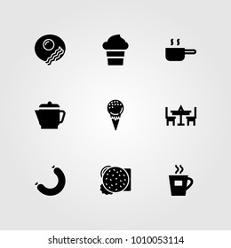 Restaurant vector icon set. sausage, pan, table and kettle