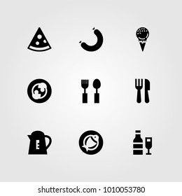 Restaurant vector icon set. sausage, pizza, wine and kettle