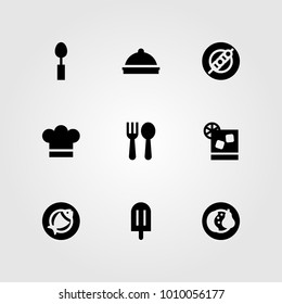 Restaurant vector icon set. spoon, cocktail, ice cream and fish