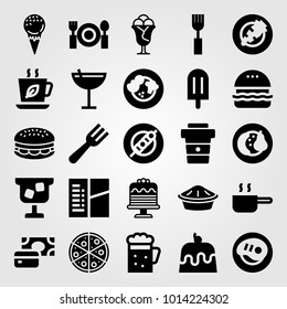 Restaurant vector icon set. steak, fruits, pan and ice cream