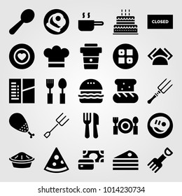 Restaurant vector icon set. steak, closed, spoon and pizza