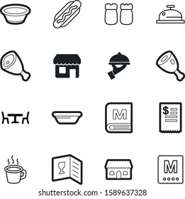 restaurant vector icon set such as: check, breakfast, diet, sausage, wine, salt, reception, bar, call, tea, vintage, relish, billing, list, bottle, bell, fresh, beverage, retail, architecture