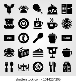 Restaurant vector icon set. table, cutlery, burger and cake