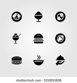 Restaurant vector icon set. tray, mushrooms, soup and ice cream