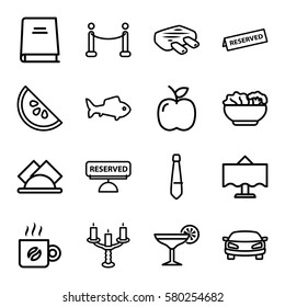 Restaurant vector icons. Set of 16 Restaurant outline icons such as restaurant table, napkin, book, reserved, cocktail, coffee, food, candlestick, red carpet, tie, car, fish