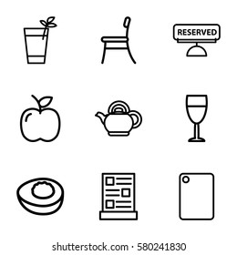 Restaurant vector icons. Set of 9 Restaurant outline icons such as chair, menu, reserved, cocktail, teapot, wine glass, avocado, chopping board and knife
