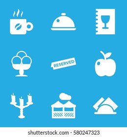 Restaurant vector icons. Set of 9 Restaurant filled icons such as dish, napkin, menu, reserved, coffee, candlestick, pergola, apple