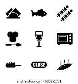 Restaurant vector icons. Set of 9 Restaurant filled icons such as napkin, wine glass, close, fish, meat, kebab, chef hat and spoon, pan-fry