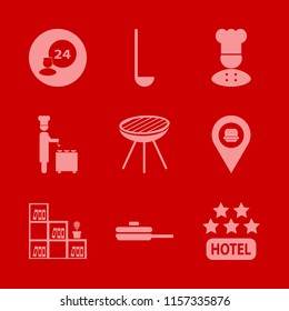 restaurant vector icons set. with bookcase flower pot, grill, ladle spoon and chef ladle in set
