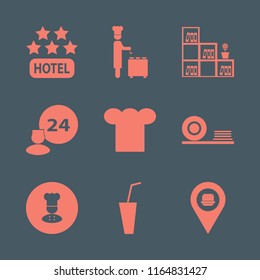 restaurant vector icons set. with bookcase flower pot, chef, plates shelf and room service in set