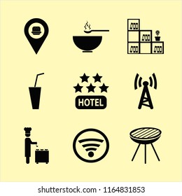 restaurant vector icons set. with fastfood location, bookcase flower pot, grill and hotel five stars in set
