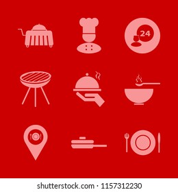 restaurant vector icons set. with grill, soup, pan and plate folk knife in set