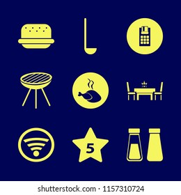 restaurant vector icons set. with hotel five stars, salt pepper shaker, grill and hot chicken in set