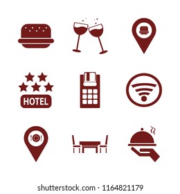 restaurant vector icons set. with hotel five stars, burger, pos terminal and location restaurant in set