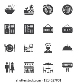 Restaurant vector icons set, modern solid symbol collection, filled style pictogram pack. Signs, logo illustration. Set includes icons as food and drinks menu, restaurant tray, bar counter, reserved