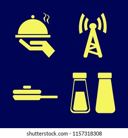 restaurant vector icons set. with salt pepper shaker, pan, wi fi and tray hand in set