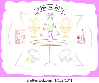 Restaurant vector illustration thin lines candlestick romantic cozy pink frame card logo dinner strokes flowers on table