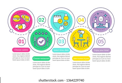 Restaurant vector infographic template. Dinner in cafe. Coulsine meal menu. Business presentation design elements. Data visualization with five steps, options. Process timeline chart. Workflow layout