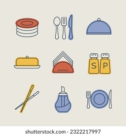 Conjunto de iconos aislados del vector del restaurante. Sirviendo el cartel de comida. Símbolo gráfico para cocinar diseño de sitio web y aplicaciones, logotipo, aplicación, interfaz de usuario