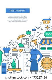 Restaurant - vector line design brochure poster, flyer presentation template, A4 size layout. Chef and manager on meals background