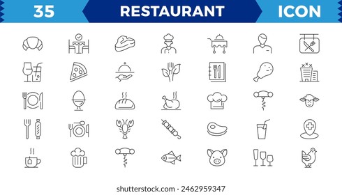 Conjunto de iconos de línea de Vector de restaurante. Colección de ícono de comida. Señales finas para el menú del restaurante. Píxel perfecto. Trazos editables, colección de iconos de contorno. Simple Ilustración vectorial.
