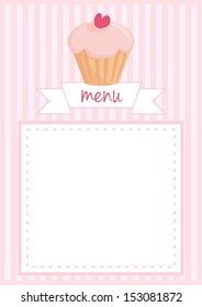 Restaurant vector menu, wedding card, list or baby shower invitation with sweet retro cupcake on pink vintage pattern or stipes texture background with white space for your own text message. 