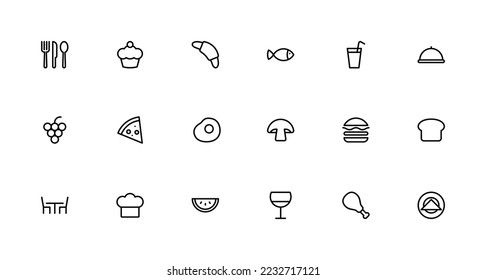 Conjunto de iconos vectoriales de restaurante en líneas. Ilustraciones vectoriales. Colección de botones de iconos de comida y bebida. 