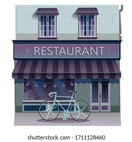  Restaurant vector stock illustration. Restaurant facade.
 Facade of a cafe diner, restaurant. Bicycles near the building. Building vector illustration isolated on white background.
