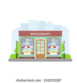 Restaurant. Vector. Street cafe shop. Building facade, storefront. Vintage store front, coffee house in flat design. Europe bistro with window. Exterior architecture background. Cartoon illustration.