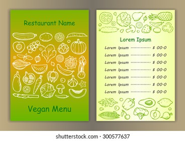 Restaurant vegetarian menu with  hand drawn doodle elements. Vector illustration for menu, posters, prints, banners, web design, covers