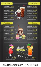 Restaurant vertical color cocktail menu on blackboard. Vector illustration, EPS 10