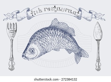 Restaurant vignette banner with carp fish and cutlery, design set with hand drawn elements