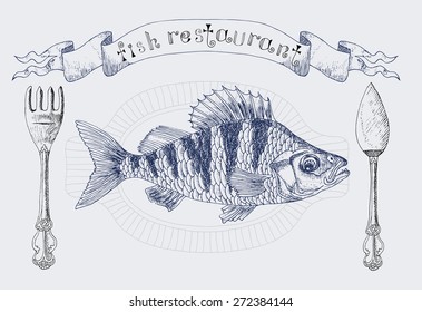 Restaurant vignette banner with crucian fish and cutlery, design set with hand drawn elements