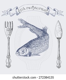 Restaurant vignette banner with herring fish and cutlery, design set with hand drawn elements, vertical