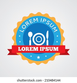 restaurant vintage badge, label icon. Blue with red ribbon 