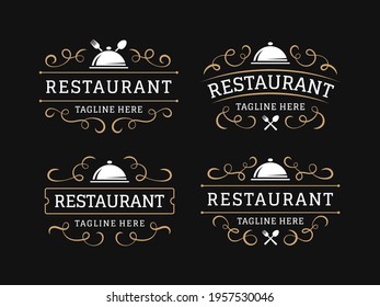 Restaurant vintage logo set with swirl ornaments