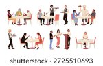 Restaurant visitors characters. Catering table service, waiters at tables with menu, chef, manager, people ordering dinner, communicate and eat delicious food, tidy vector cartoon flat isolated set