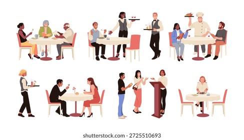 Restaurant visitors characters. Catering table service, waiters at tables with menu, chef, manager, people ordering dinner, communicate and eat delicious food, tidy vector cartoon flat isolated set