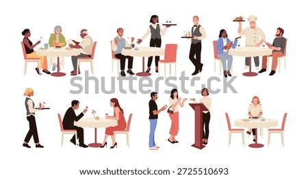Restaurant visitors characters. Catering table service, waiters at tables with menu, chef, manager, people ordering dinner, communicate and eat delicious food, tidy vector cartoon flat isolated set